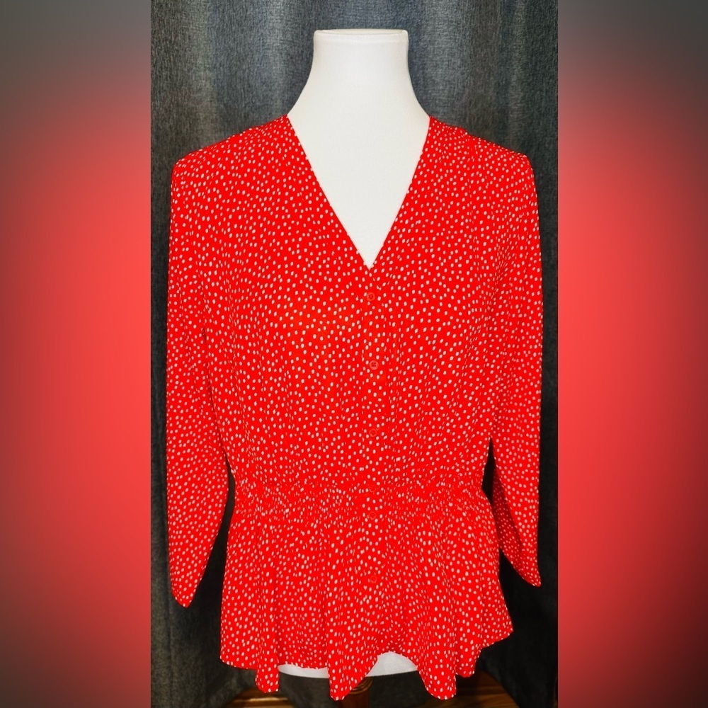 Banana Republic Red White Polka Dot Peplum Blouse V-Neck Long Sleeve Top Size M